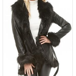 Faux Fur Trench Coat Faux Leather w Pockets
